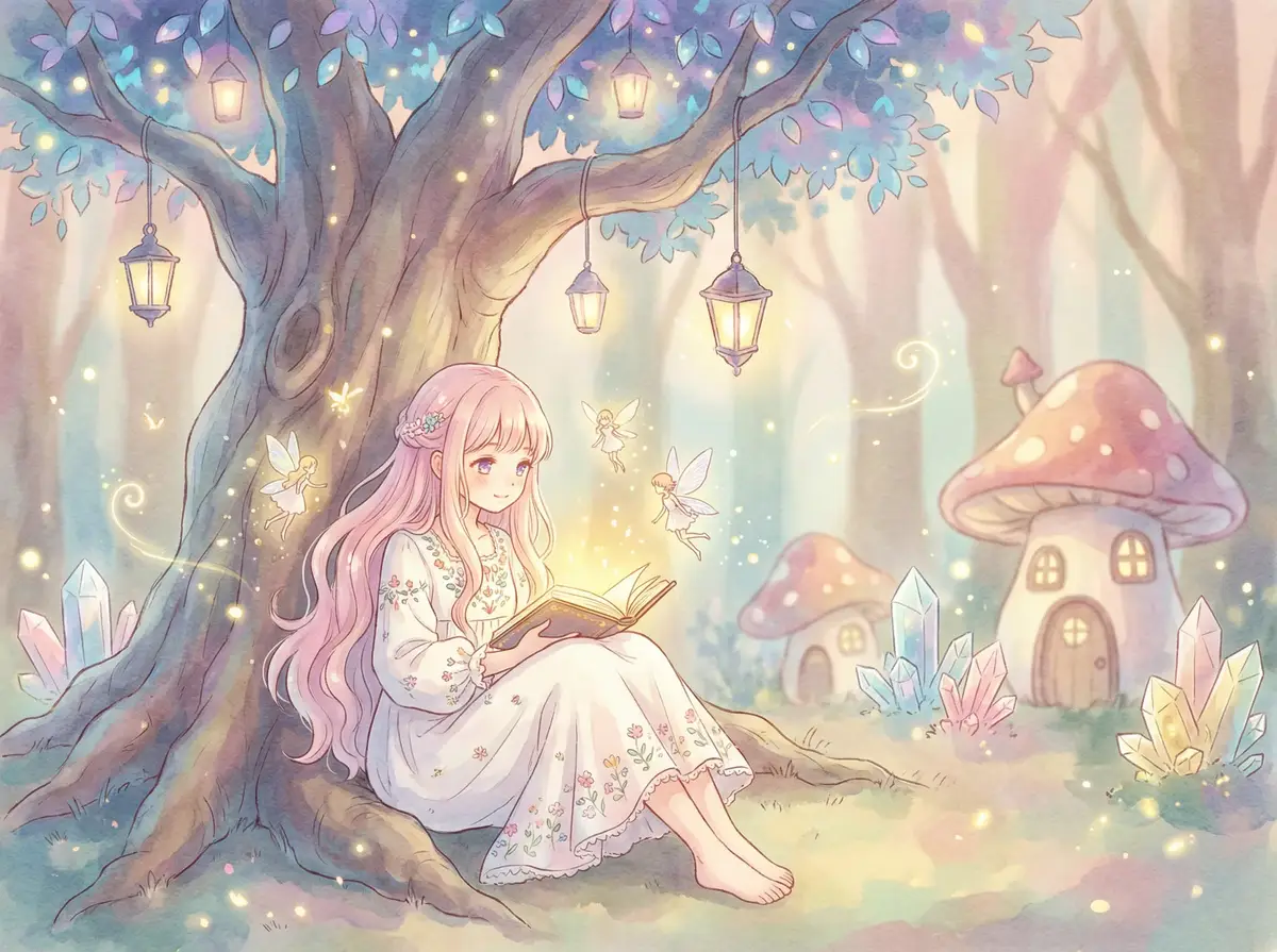 5c5c5c电影 - 魔法森林中阅读故事书的粉发少女与精灵